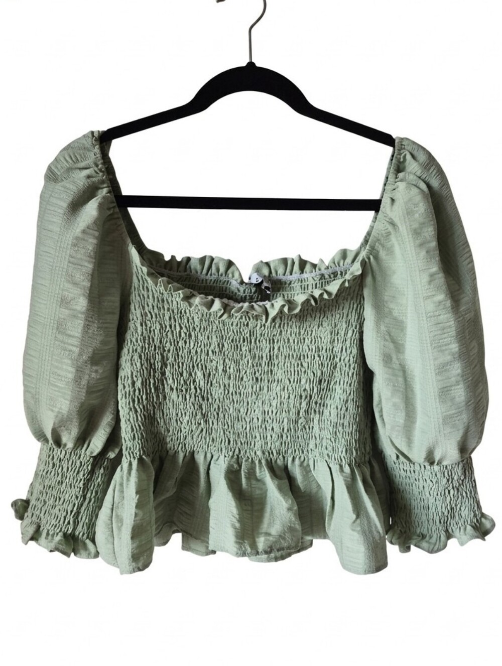 En Saison Light Sage Green Smocked Peplum Puff Sleeve Blouse